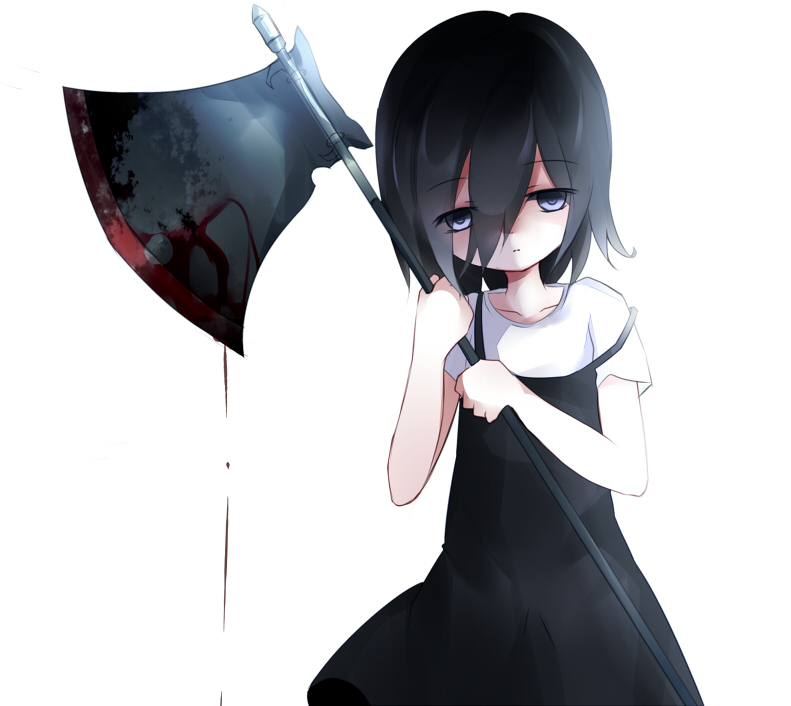 1girl, axe, black_hair, blood, female_focus, nekokyu, sekai_oni, shinonome_azuma, solo, weapon, white_background