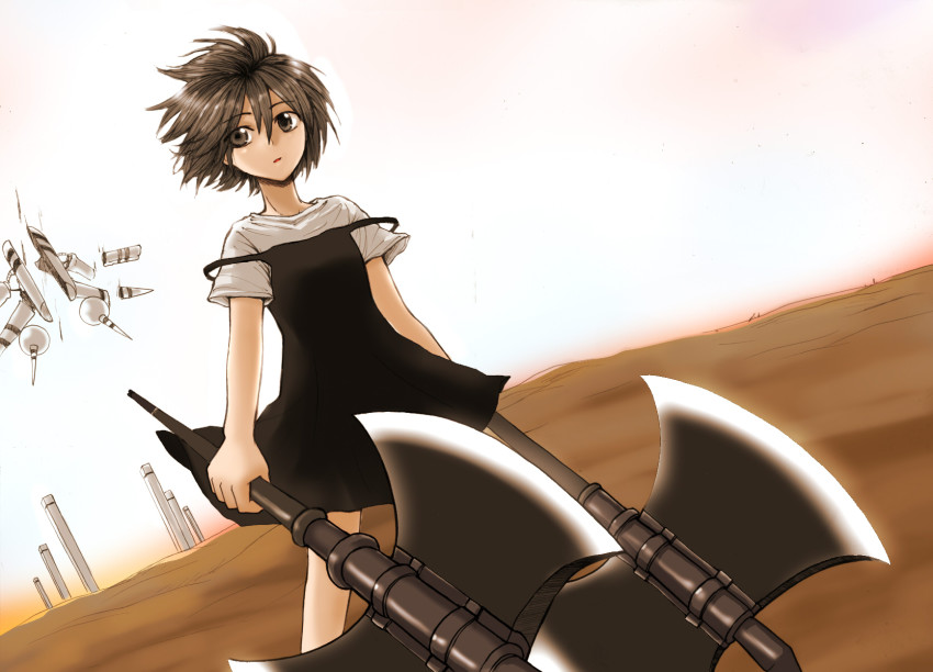 1girl, axe, black_hair, brown_eyes, double_strap_slip, dual_wielding, highres, holding