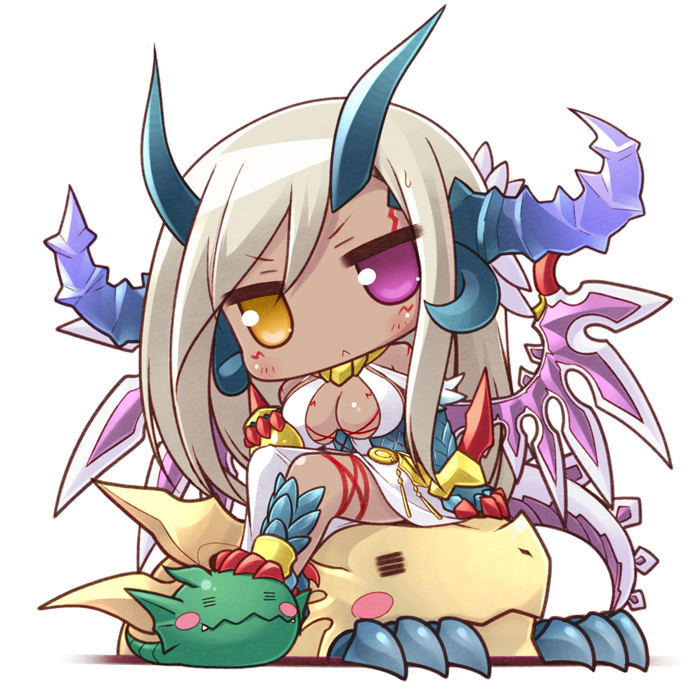 >:<, 1girl, :<, blush, breasts, claws, cleavage, closed_mouth, dark-skinned_female, dark_skin, draggie_(p&amp;d), dragon_girl, dragon_horns, dragon_tail, dragon_wings, facial_mark, female_focus, heterochromia, horns, light_brown_hair, long_hair, purple_eyes, puzzle_&amp;_dragons, ruton-niki, scales, simple_background, sitting, solo, sonia_gran, tail, v-shaped_eyebrows, white_background, wings, yellow_eyes