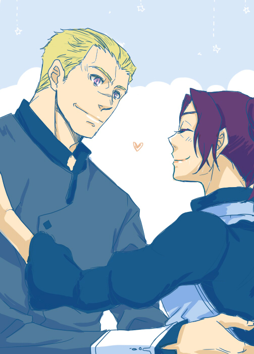 10s, 1boy, 1girl, bad_id, bad_pixiv_id, blonde_hair, closed_eyes, heart, husband_and_wife, jinroku_rehabily, landreaall, long_hair, pharell_luccafort, purple_eyes, purple_hair, regain_luccafort, short_hair, smile