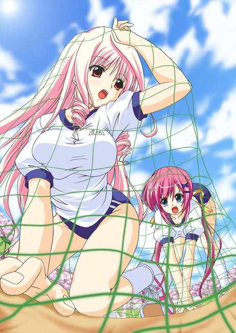 00s, 2girls, all_fours, blue_eyes, breasts, brown_eyes, buruma, cloud