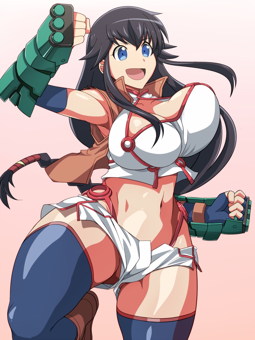 10s, 1girl, asymmetrical_breasts, black_hair, blue_eyes, bouncing_breasts, breasts, cleavage, curvy, female_focus, gauntlets, highres, huge_breasts, kanami_(log_horizon), large_breasts, log_horizon, long_hair, low-tied_long_hair, navel, open_mouth, smile, solo, thick_thighs, thighs, wide_hips, zasshu_nigou