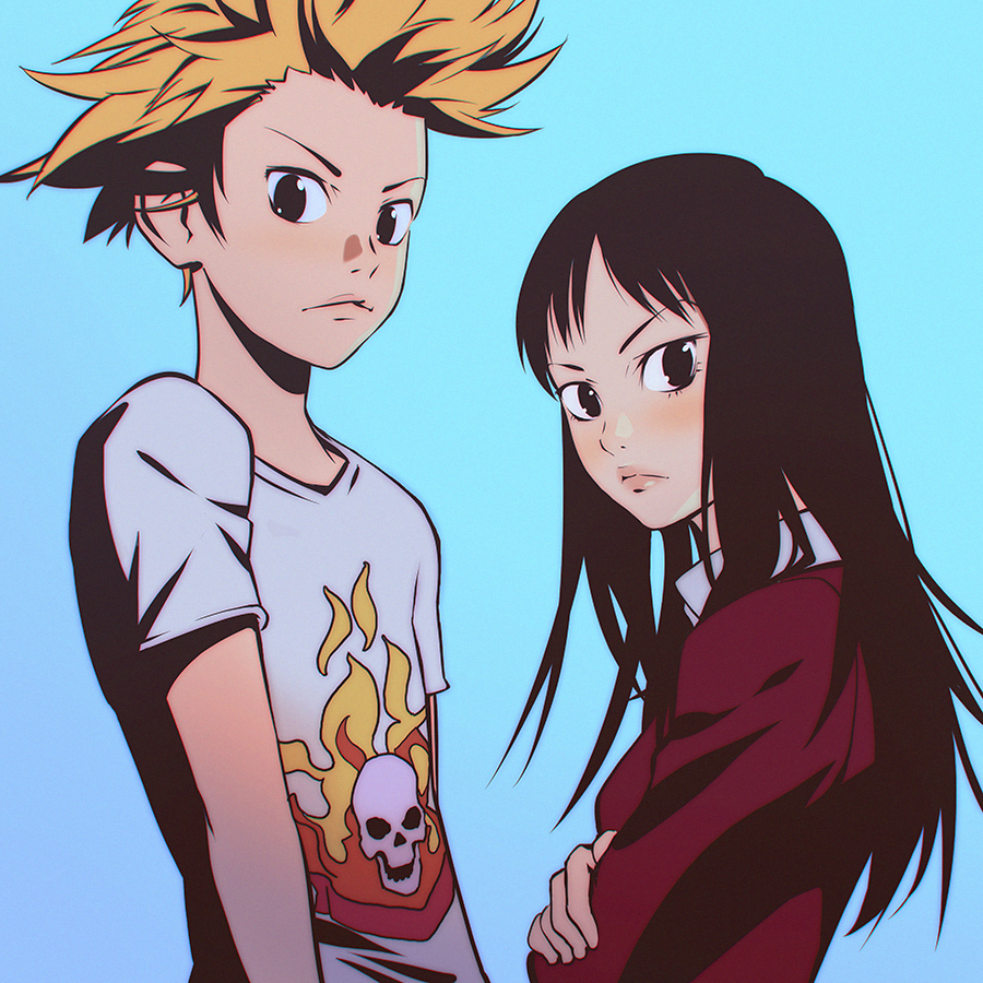 10s, 1boy, 1girl, aiza_takeshi, black_hair, derivative_work, igawa_emi, ilya_kuvshinov