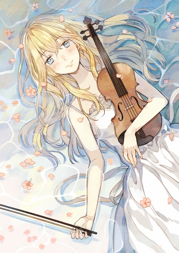 10s, 1girl, bad_id, bad_pixiv_id, blonde_hair, blue_eyes, bow_(music), dress