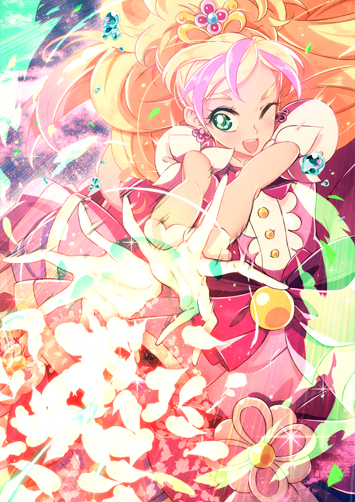 1girl, ;d, bad_id, bad_pixiv_id, blonde_hair, bow, cure_flora, cure_flora_(mode_elegant)