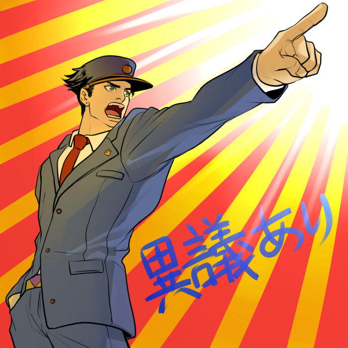 1boy, ace_attorney, black_hair, cosplay, formal_clothes, hat, jojo_no_kimyou_na_bouken, kilva_lollop