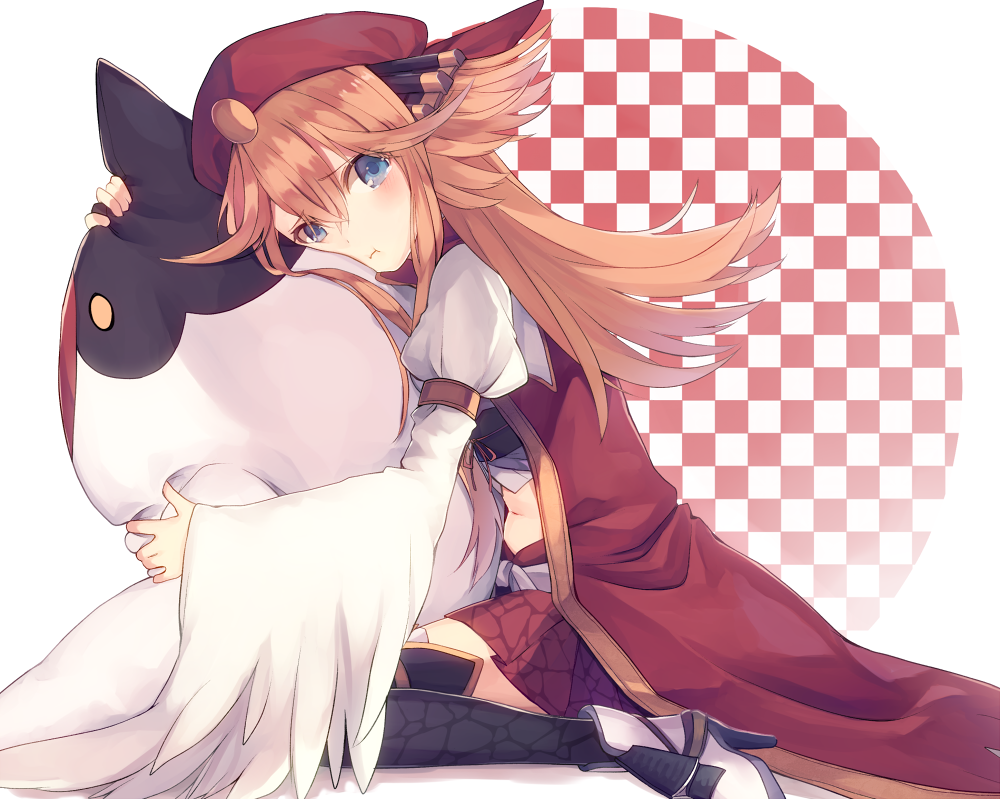 1girl, :t, arm_belt, belt, beret, blue_eyes, blush, boots, checkered_background, female_focus, fukuoka_(oshiro_project), full_body, hat, head_rest, high_heel_boots, high_heels, hugging_object, long_sleeves, midriff, oshiro_project:re, pout, puffy_long_sleeves, puffy_sleeves, red_hair, red_hat, shugao, simple_background, solo, thighhighs
