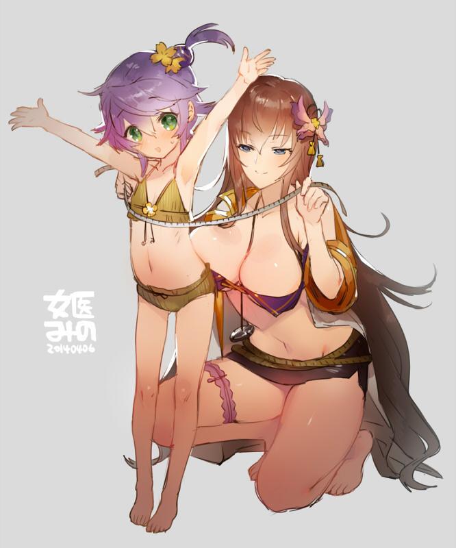 2girls, armpits, arms_up, bare_legs, barefoot, between_breasts, bikini, blue_eyes