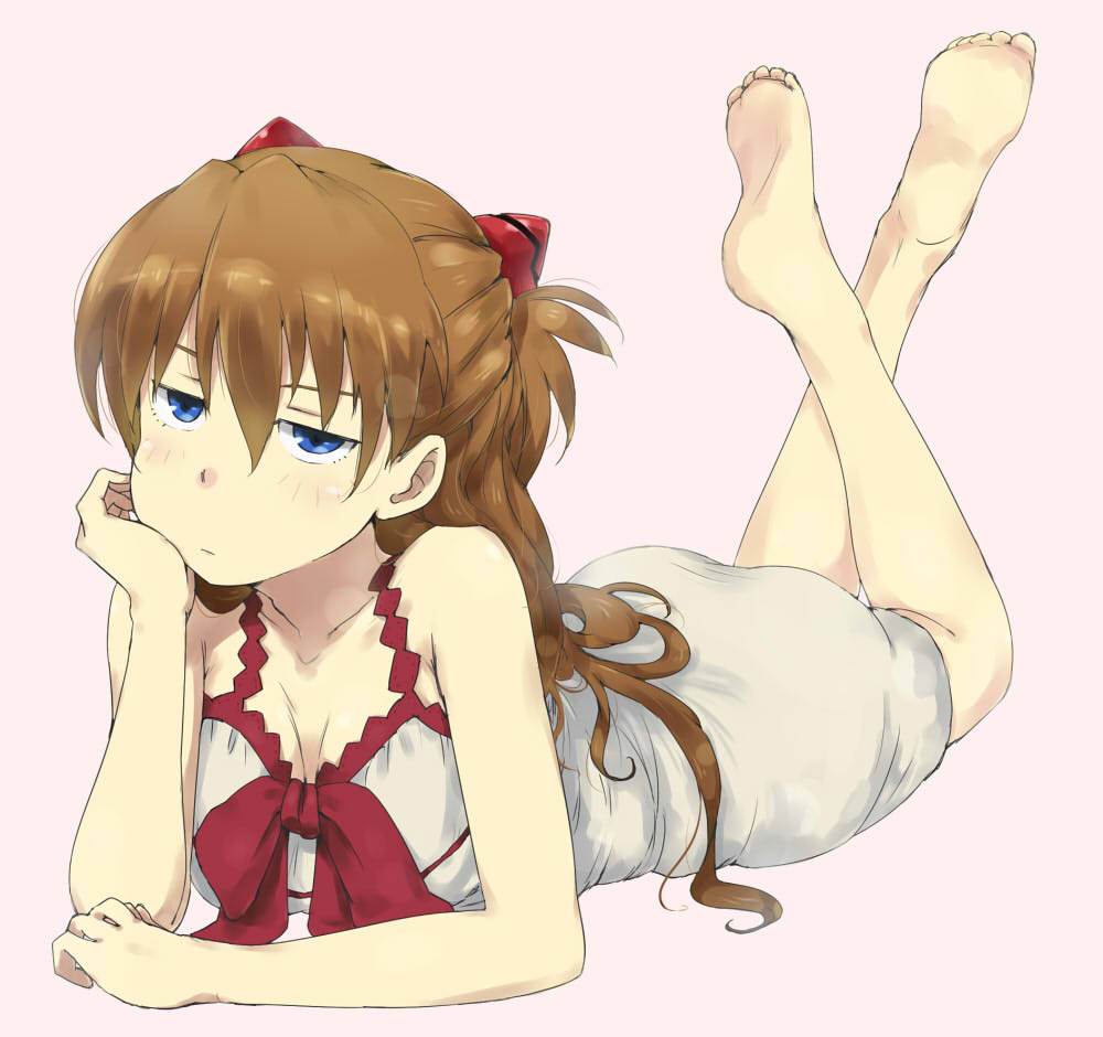 1girl, :|, bad_feet, bare_shoulders, barefoot, blue_eyes, blush, brown_hair, closed_mouth, collarbone, elbow_rest, feet, feet_up, female_focus, full_body, gedou_(ge_ge_gedou), hair_ornament, hand_on_own_chin, jitome, long_hair, looking_at_viewer, lying, neon_genesis_evangelion, nightgown, on_stomach, pink_background, plantar_flexion, simple_background, soles, solo, souryuu_asuka_langley, the_pose, toes, twintails, two_side_up