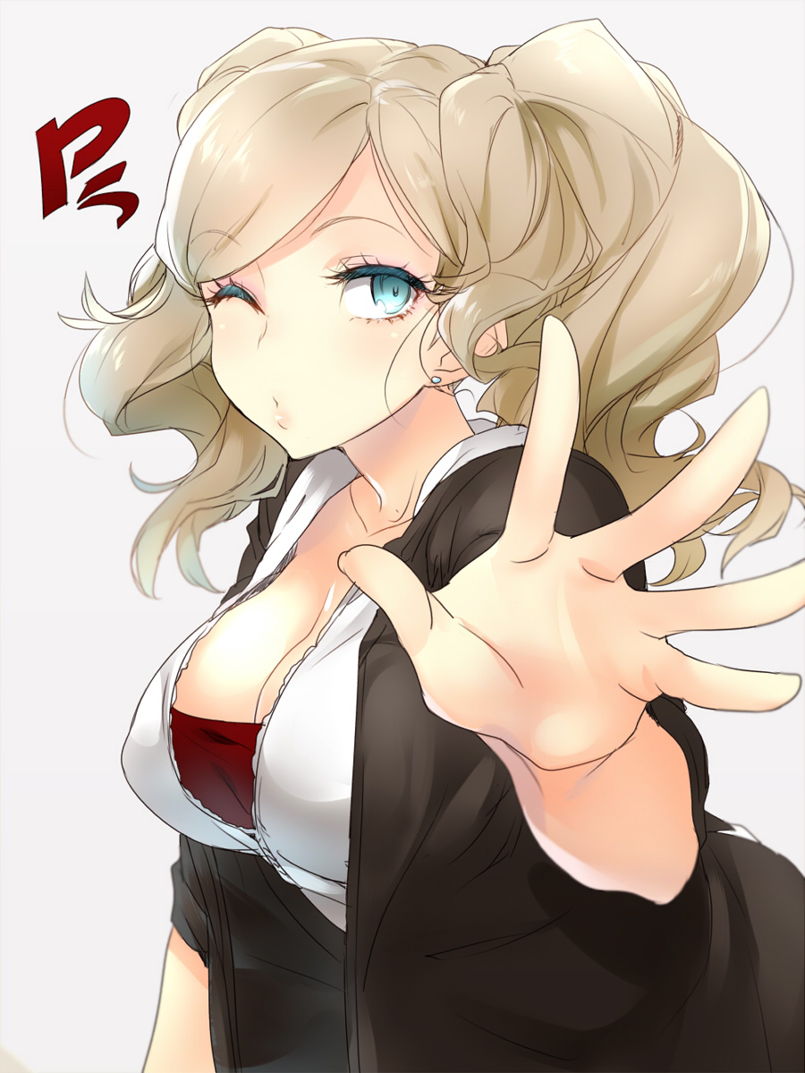 10s, 1girl, anzu_komaki, aqua_eyes, blonde_hair, blue_eyes, blush, breasts, cleavage, earrings, female_focus, jewelry, komaki_anzu, large_breasts, long_hair, looking_at_viewer, naso4, one_eye_closed, persona, persona_5, simple_background, solo, takamaki_anne, twintails, wavy_hair, wink