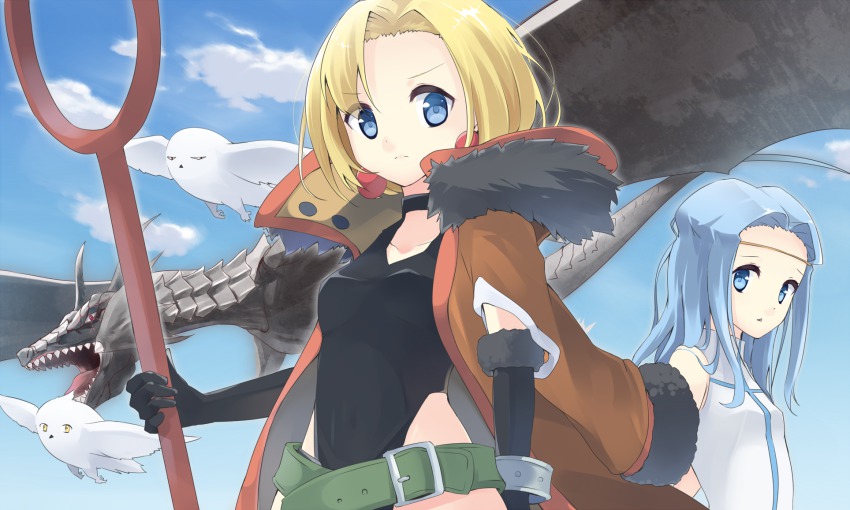 2girls, artemis_(junketsu_no_maria), artemis_(junketsu_no_maria)_(bird), bird, blonde_hair, blue_eyes, blue_hair, dragon