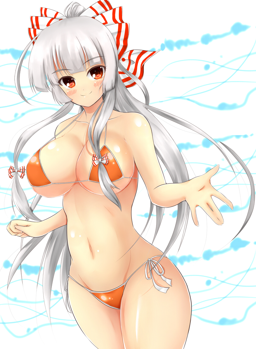 1girl, abstract_background, bikini, blush, bow, breasts, cleavage, curvy, female_focus, fujiwara_no_mokou, large_breasts, long_hair, looking_at_viewer, norori, orange_bikini, red_eyes, side-tie_bikini_bottom, silver_hair, smile, solo, string_bikini, swimsuit, touhou, white_background, wide_hips