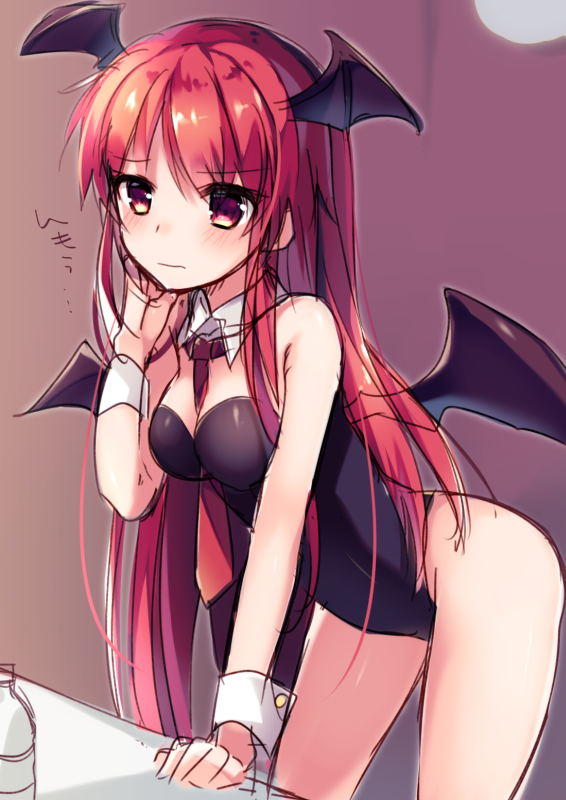1girl, alternate_costume, bare_shoulders, bat_wings, black_leotard, blush, colorized, detached_collar