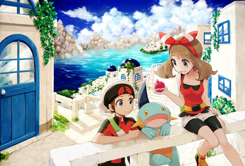 10s, 1boy, 1girl, bike_shorts, blue_eyes, brendan_(pokemon), brendan_(pokemon_oras), brown_hair