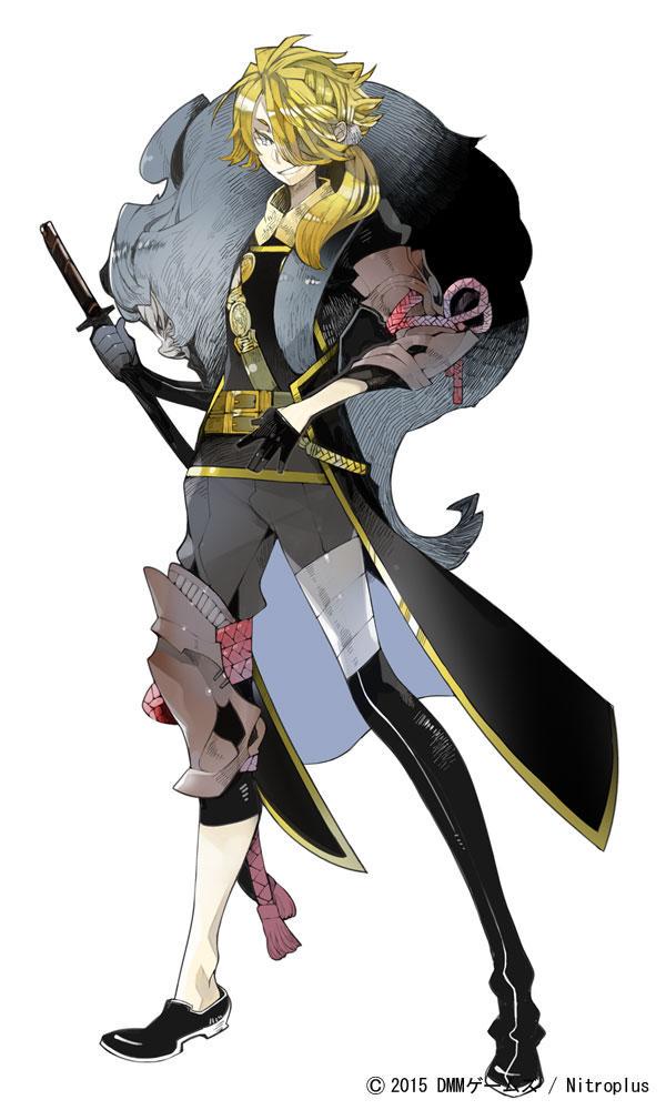 10s, 1boy, asymmetrical_clothes, asymmetrical_gloves, asymmetrical_legwear, black_gloves, blonde_hair, company_name