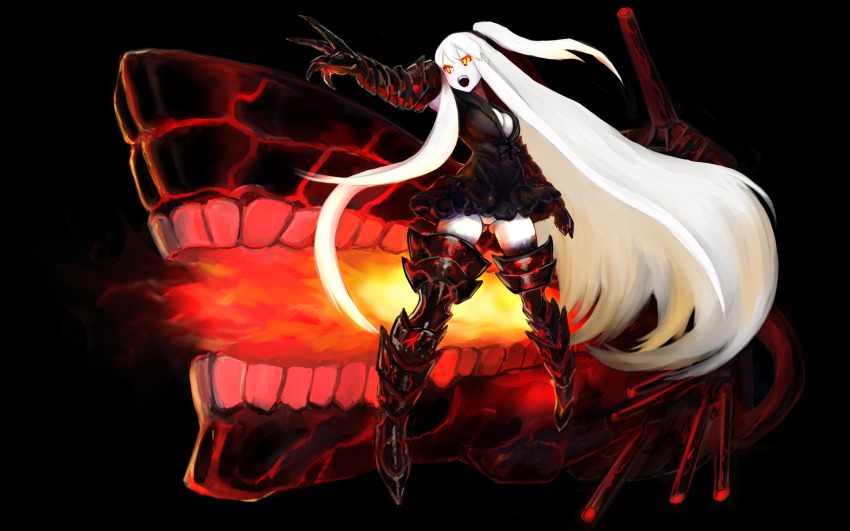 10s, 1girl, :o, abyssal_ship, aircraft_carrier_oni, armor, armored_boots, black_background