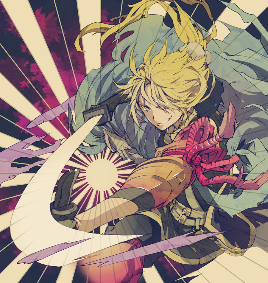 10s, 1boy, black_gloves, blonde_hair, gloves, graphite_(medium), grin, hair_over_one_eye