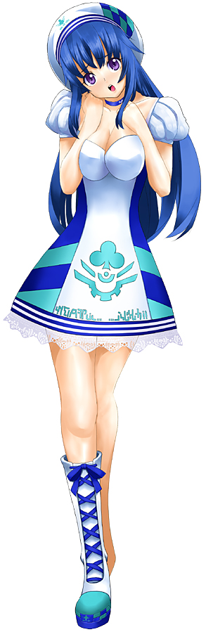 1girl, araki_yuuya, arin_(pangya), beret, blue_hair, breasts, breasts_squeezed_together, choker, female_focus, hat, long_image, medium_breasts, pangya, shoes, single_shoe, solo, tall_image