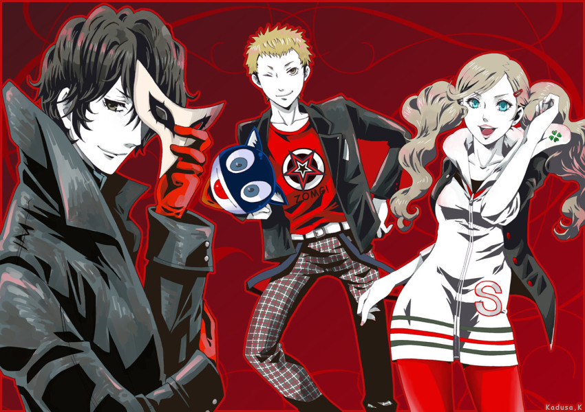 10s, 2boys, 2girls, amamiya_ren, cat, earrings, jewelry, joker_(persona_5), morgana_(persona_5), multiple_boys, multiple_girls, pantyhose, persona, persona_5, red_legwear, sakamoto_ryuuji, takamaki_anne, wakky_(rari-cat)