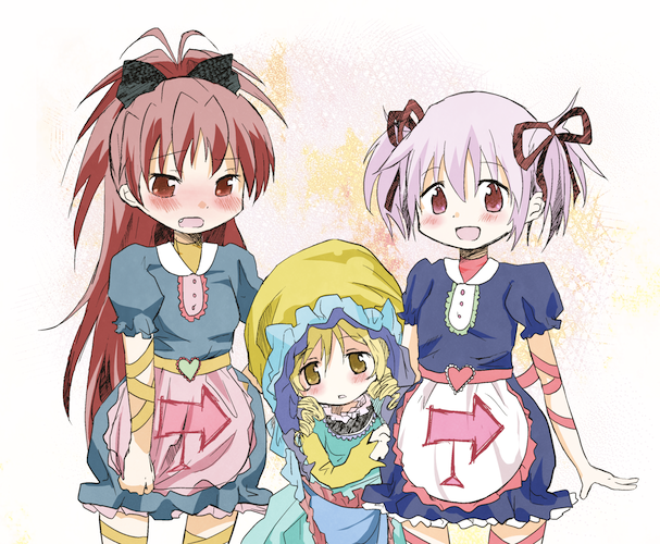 3girls, :d, aged_down, apron, arrow_(symbol), blonde_hair, blush, bow