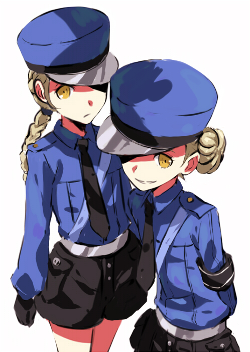 10s, 2girls, blonde_hair, braid, caroline_(persona_5), double_bun, eyepatch, hat
