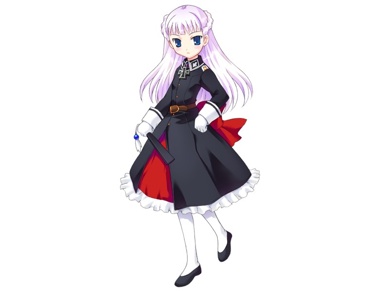 1girl, battlenote, belt, blue_eyes, bow, braid, cross, dress, female_focus, flats, folded_fan, folding_fan, full_body, galzoo_island, game_cg, gloves, goth_fashion, gothic_lolita, hand_fan, iron_cross, lolita_fashion, long_hair, mutsumi_masato, nazi, pantyhose, purple_hair, shoes, simple_background, solo, thighhighs, white_background, white_gloves, white_hair, world_war_ii