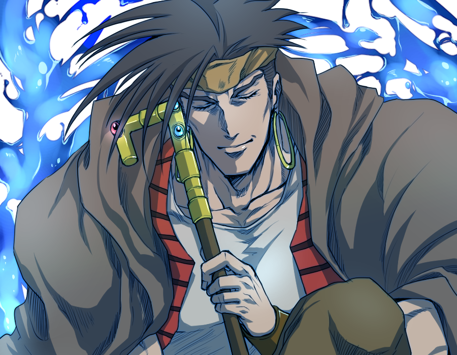 1boy, black_hair, cane, closed_eyes, earrings, eyelashes, headband, hoop_earrings