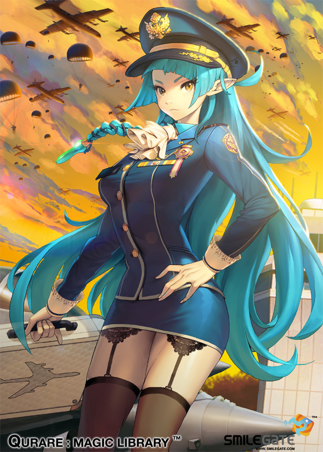 1girl, \||/, aircraft, airplane, aqua_hair, ascot, black_thighhighs, blunt_bangs