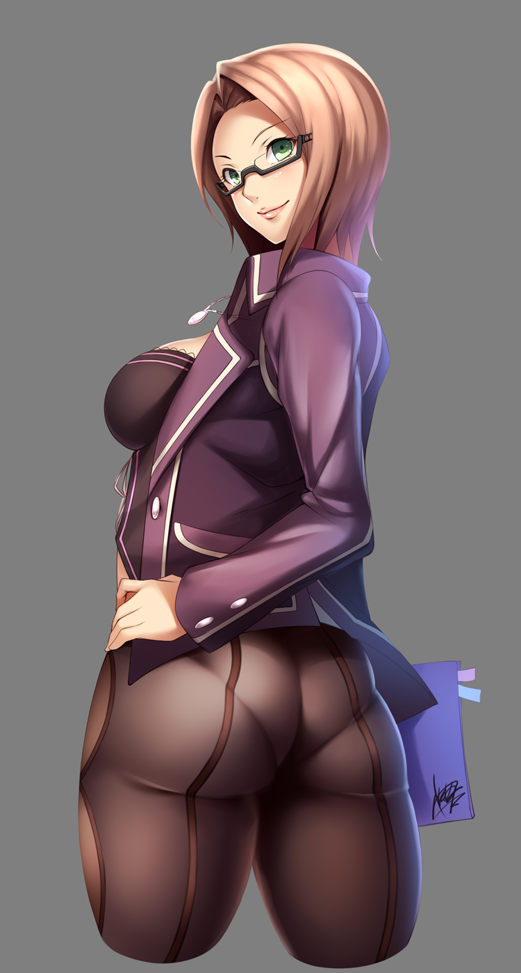 10s, 1girl, ass, blonde_hair, bodysuit, breasts, cosplay_(fran_francois_francesca_de_bourgogne), female_focus, glasses, god_eater, god_eater_2:_rage_burst, green_eyes, grey_background, hand_on_own_hip, highres, jewelry, large_breasts, lips, looking_back, necklace, original, pantylines, player_(god_eater_2), short_hair, simple_background, sketch, skindentation, smile, solo, takamine_satsuki, watanuki_kaname