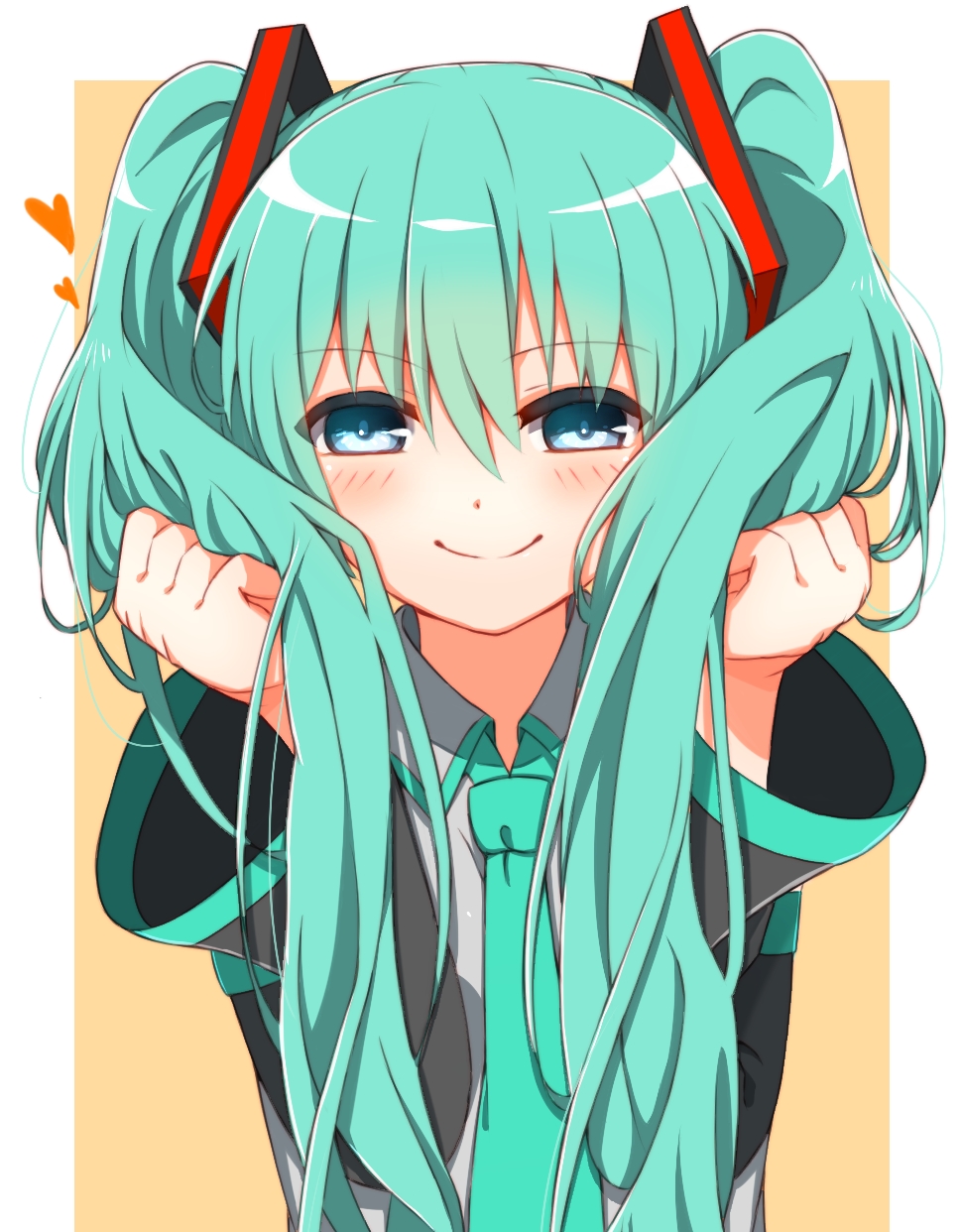 1girl, aqua_hair, blue_eyes, blush, female_focus, framed, hair_ornament, hatsune_miku