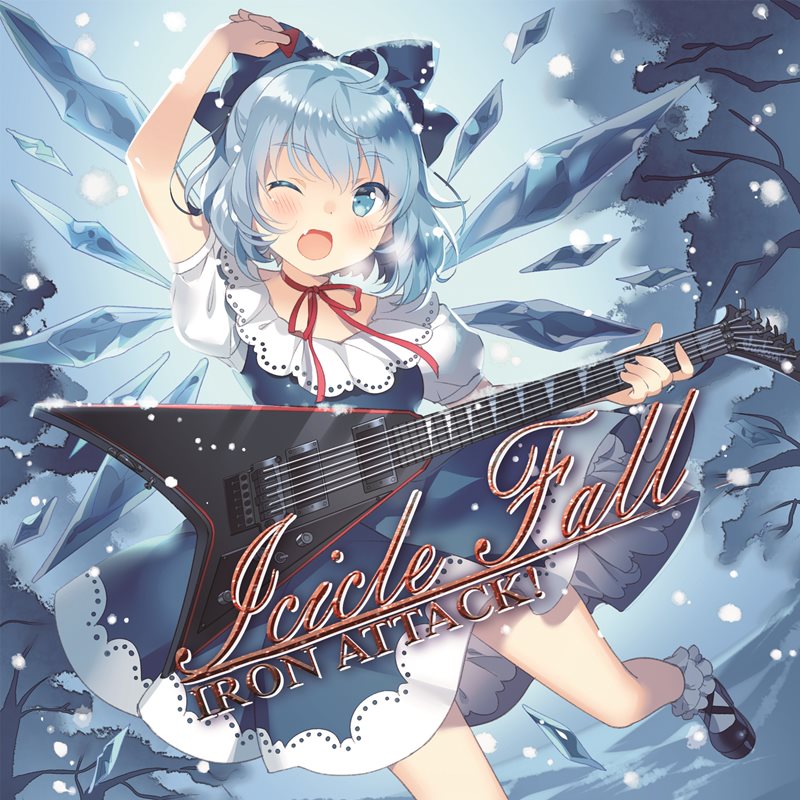 1girl, ;d, adapted_costume, album_cover, alternate_costume, arm_up, blue_dress, blue_eyes