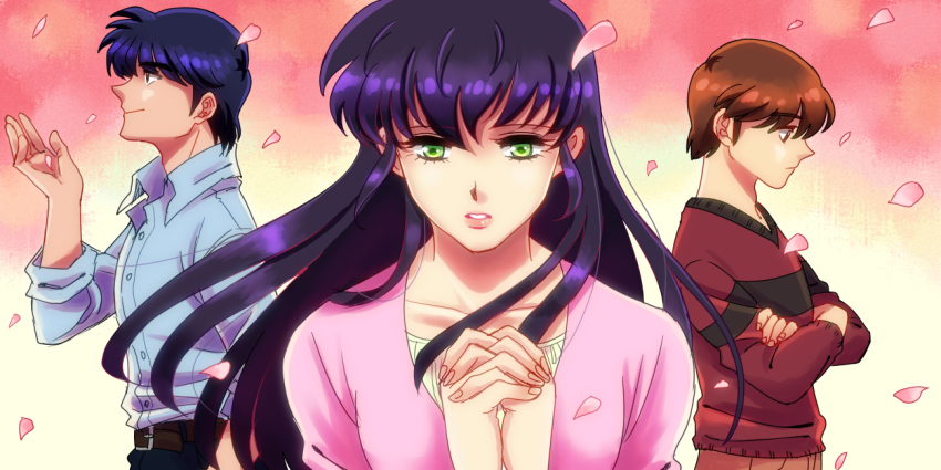 1girl, 2boys, alternate_eye_color, bad_id, bad_pixiv_id, blue_hair, blue_shirt, brown_hair