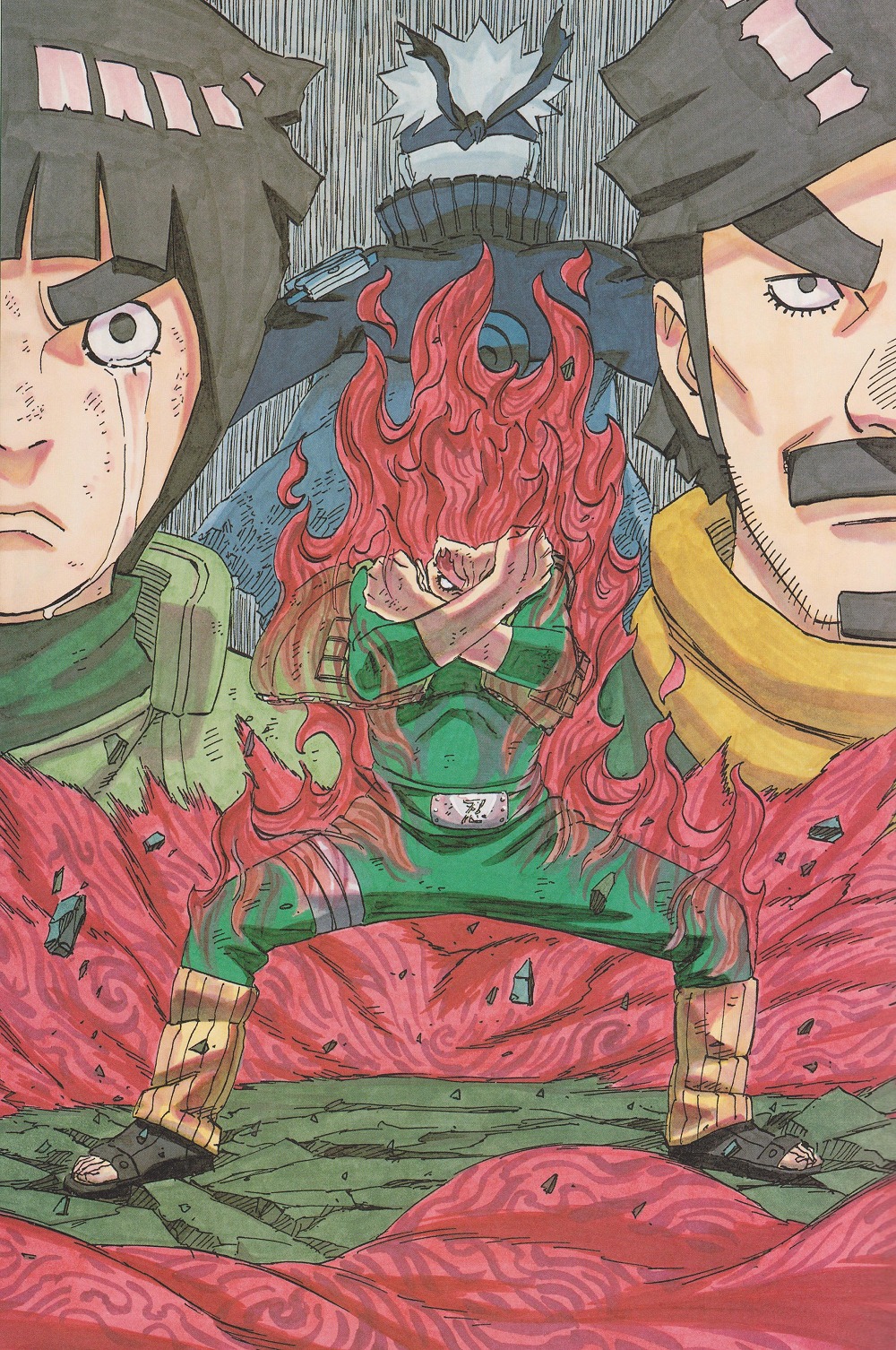 4boys, aura, back, cleaned, father_and_child, father_and_son, glowing, highres, kishimoto_masashi, male_focus, might_duy, might_guy, multiple_boys, naruto_(classic), naruto_(series), official_art, parent_and_child, rock, rock_lee, tears, uzumaki_naruto, volume_cover