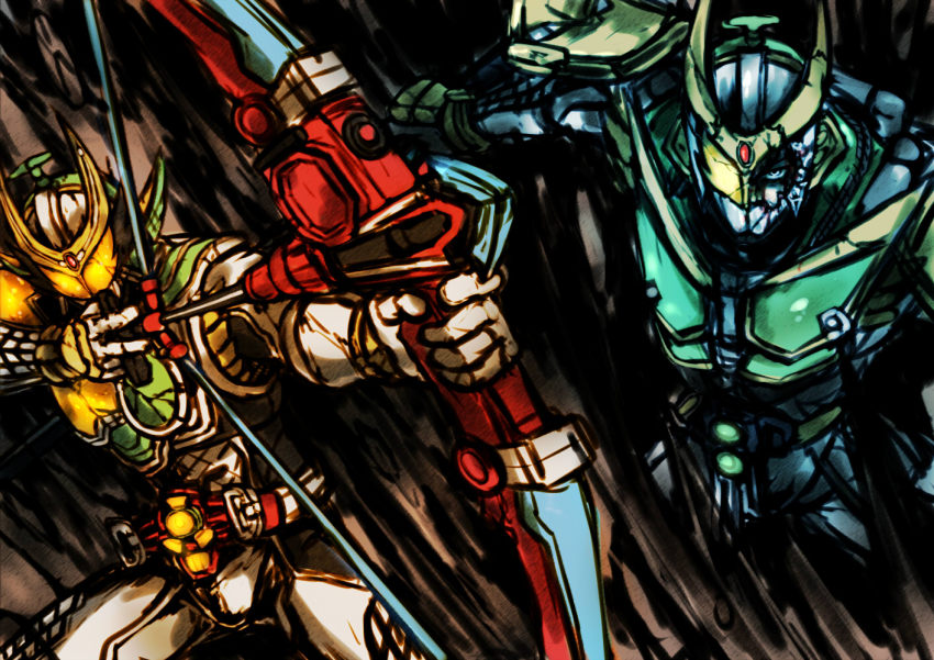 2boys, armor, bad_id, bad_pixiv_id, bow_(weapon), crack, damaged, kamen_rider