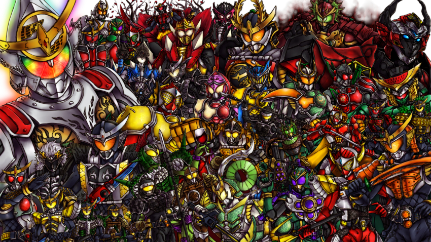 6+boys, armor, bad_id, bad_pixiv_id, bow, boxing_gloves, chakram, club_(weapon), cup, drinking_glass, everyone, glass, hammer, highres, kamen_rider, kamen_rider_baron, kamen_rider_bravo, kamen_rider_bujin_gaim, kamen_rider_duke, kamen_rider_fifteen, kamen_rider_gaim, kamen_rider_gaim_(kiwami_arms), kamen_rider_gaim_(series), kamen_rider_gridon, kamen_rider_jam, kamen_rider_kamuro, kamen_rider_knuckle, kamen_rider_kurokage, kamen_rider_kurokage_shin, kamen_rider_marika, kamen_rider_mars, kamen_rider_ryugen, kamen_rider_sigurd, kamen_rider_zangetsu, kamen_rider_zangetsu_shin, lance, lord_baron, male_focus, mask, mecha, multiple_boys, multiple_persona, polearm, rider_belt, robot, spear, sword, weapon, wine_glass, yusuki_(fukumen)