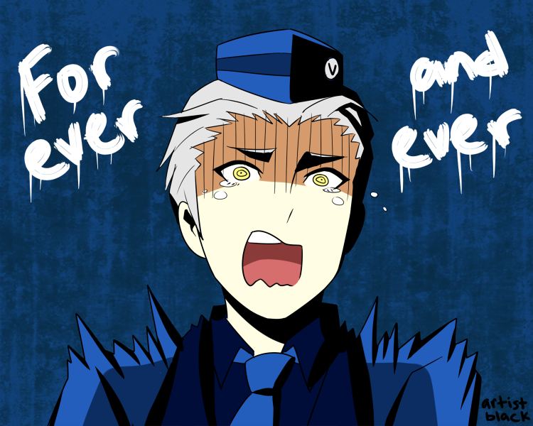 1boy, artist_black, artist_name, crying, grey_hair, hat, male_focus, necktie