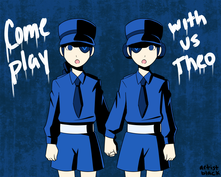 10s, 2girls, artist_black, artist_name, belt, blue_theme, braid, caroline_(persona_5)