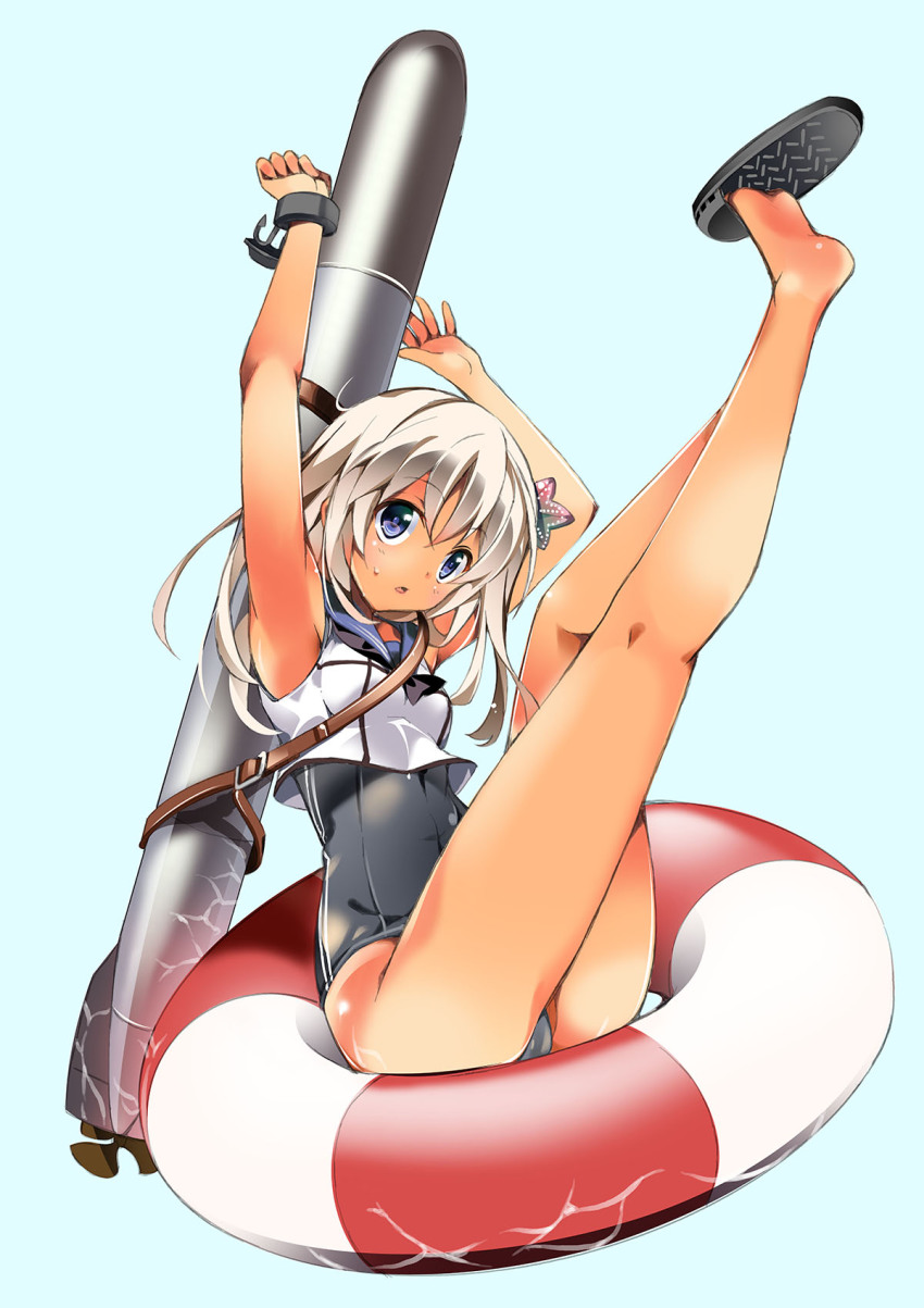 10s, 1girl, arms_up, bare_legs, bare_shoulders, blonde_hair, blue_eyes, feet, female_focus, flower, hair_flower, hair_ornament, highres, innertube, kantai_collection, legs, lifebuoy, long_hair, looking_at_viewer, open_mouth, ro-500_(kancolle), school_swimsuit, slippers, solo, swim_ring, swimsuit, swimsuit_under_clothes, tan, tanline, tomatomato_(tomato_kanzume), torpedo