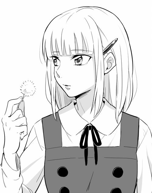 10s, 1girl, dandelion, female_focus, flower, greyscale, haikan_kouji, monochrome