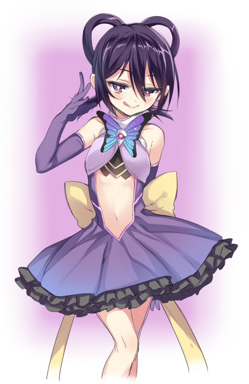 10s, 1girl, :q, bad_id, bad_pixiv_id, blush, bow, elbow_gloves, female_focus, gloves, hair_rings, highres, hinata_kagari, magical_girl, mahou_shoujo_madoka_magica, mahou_shoujo_madoka_magica_(anime), mahou_shoujo_suzune_magica, midriff, navel, purple_gloves, purple_hair, red_eyes, senri_gan, solo, tongue, tongue_out