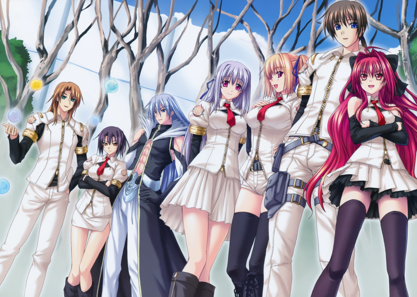 3boys, 4girls, absurdres, ahoge, belt, blue_eyes, blue_hair, boots