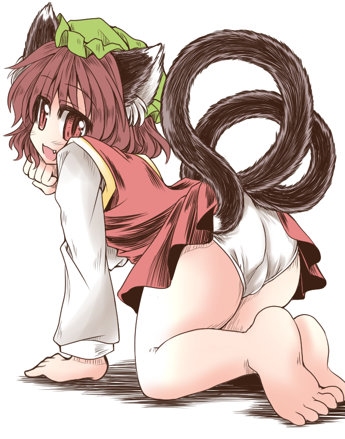 1girl, animal_ears, ass, cat_ears, cat_tail, chen, fang, female_focus