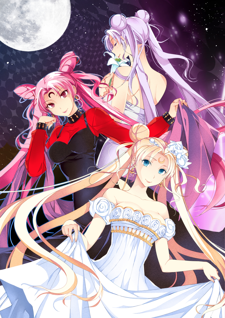 1990s_(style), 3girls, absurdres, aged_up, backless_outfit, bad_id, bad_pixiv_id, bishoujo_senshi_sailor_moon