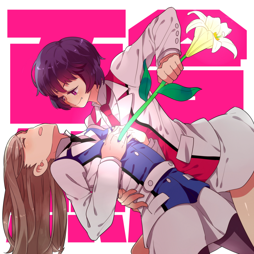 10s, 1990s_(style), 2girls, blush, brown_hair, creator_connection, easter_lily, closed_eyes