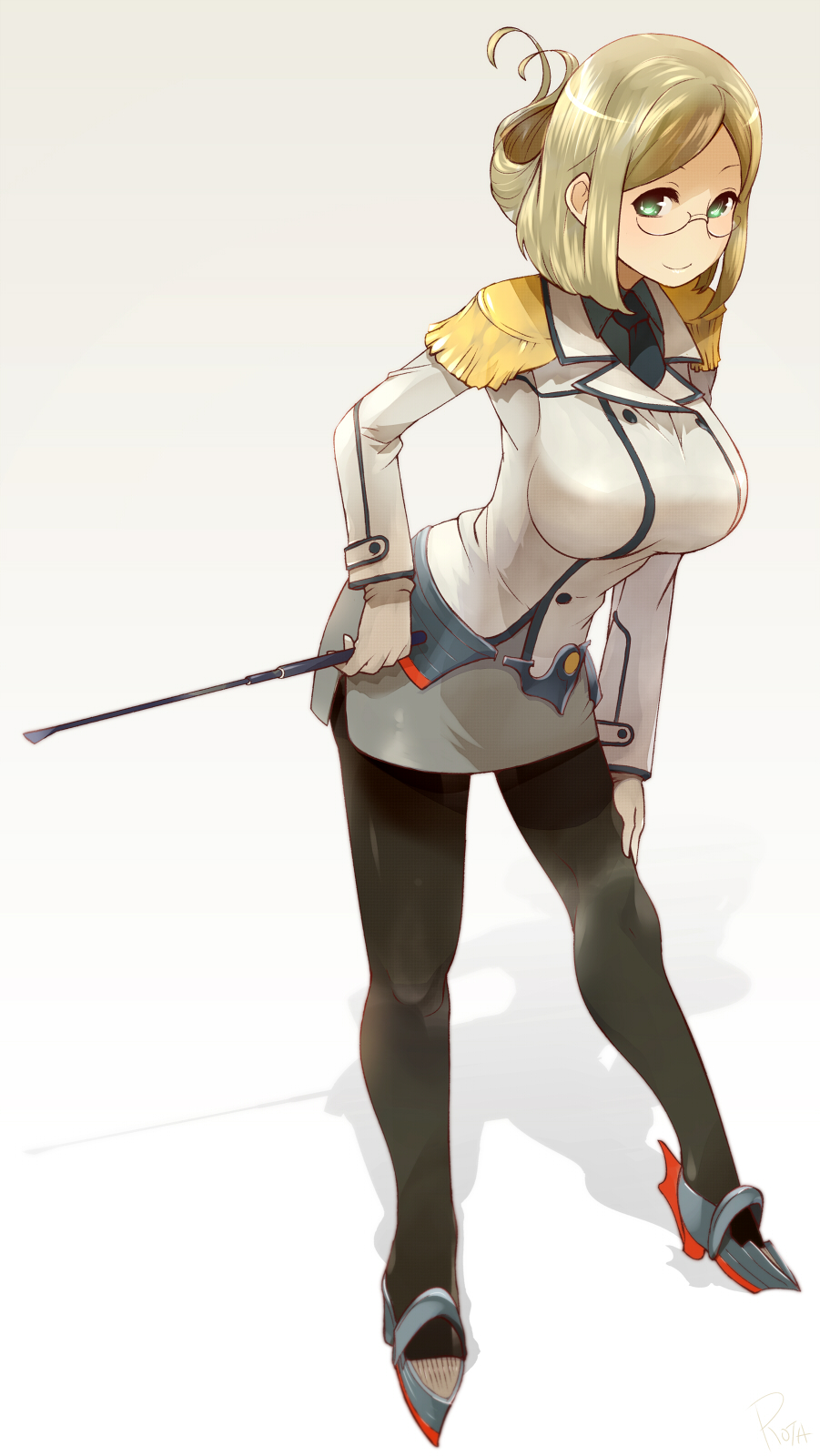 10s, 1girl, black_pantyhose, breasts, epaulettes, female_focus, full_body, glasses, green_eyes, highres, kantai_collection, katori_(kancolle), large_breasts, leaning_forward, light_brown_hair, long_hair, military, military_uniform, miniskirt, necktie, pantyhose, riding_crop, rota_(bitmap1022), short_hair, simple_background, skirt, smile, solo