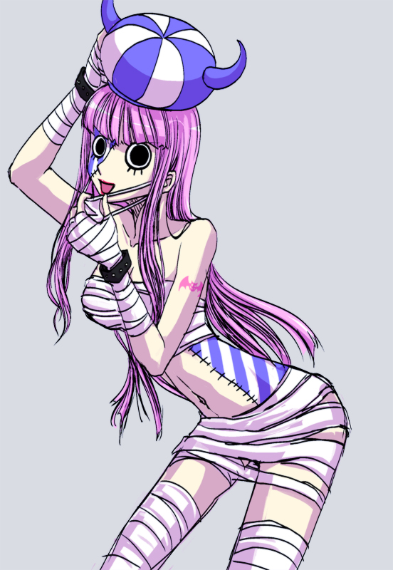 1girl, :d, bandages, bat_(symbol), blunt_bangs, cosplay, female_focus, long_hair