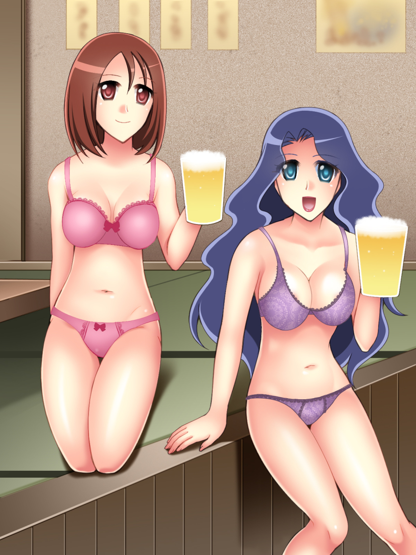 10s, 2girls, alcohol, beer, blue_eyes, blue_hair, bra, breasts, brown_hair, cleavage, hanasaki_mizuki, heartcatch_precure!, highres, kneeling, kurumi_sakura, large_breasts, legs, long_hair, looking_at_viewer, mature_female, multiple_girls, navel, nightmare_express, open_mouth, panties, pink_bra, pink_panties, precure, purple_bra, purple_panties, red_eyes, short_hair, sitting, smile, thighs, underwear