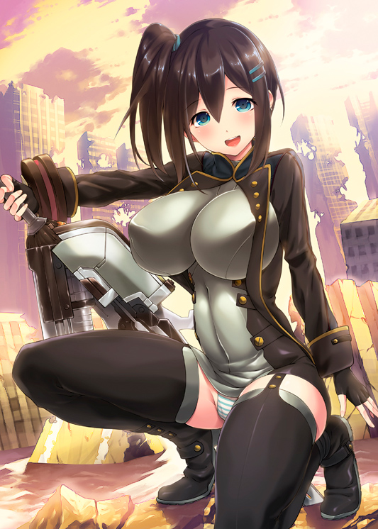 10s, 1girl, akanagi_youto, bad_id, bad_pixiv_id, black_boots, black_thighhighs, blue_eyes