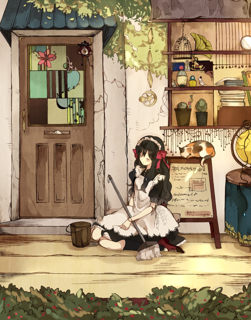 1girl, animal, apron, bad_id, bad_pixiv_id, birdcage, black_dress, black_hair