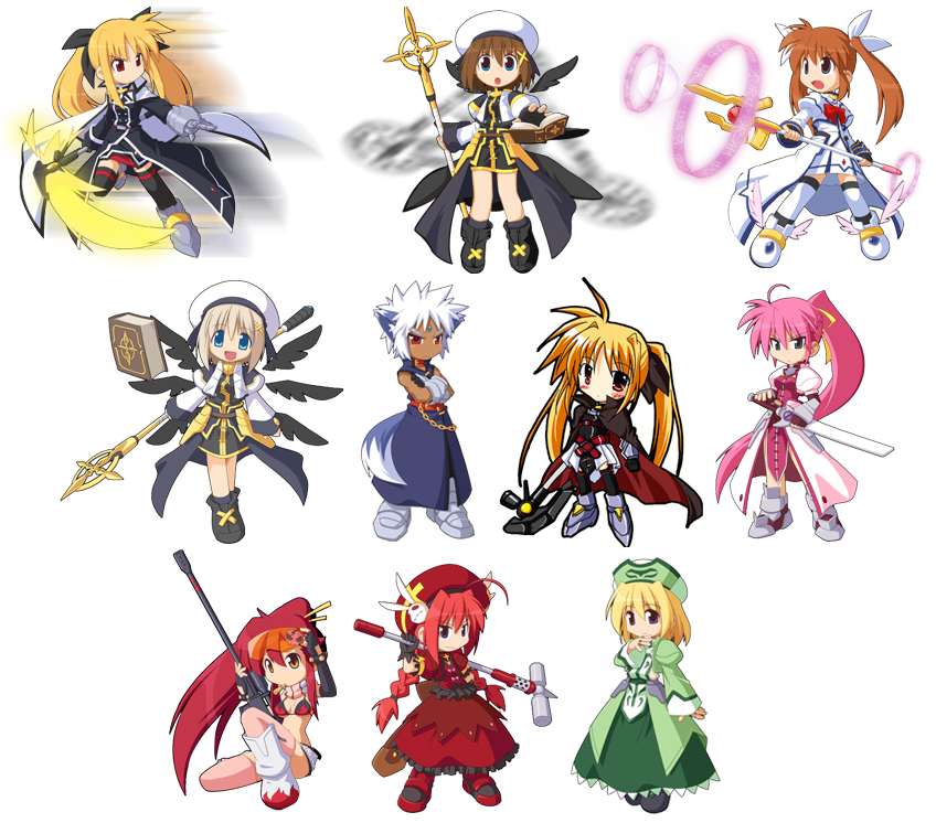 00s, 1boy, 6+girls, bardiche_(assault_form)_(nanoha), bardiche_(haken_form)_(nanoha), bardiche_(nanoha), blonde_hair, chibi